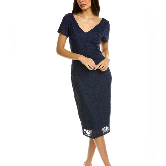 JS Collections Women's Erin V-Neck Navy Midi Dress Size 8 - Picture 2 of 7